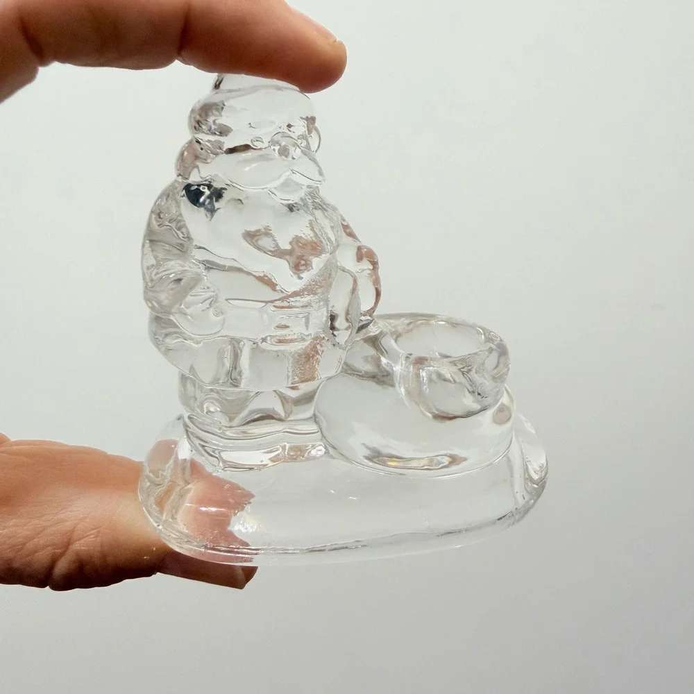 Pair Clear Glass Santa Claus Votive Tea Light Candle Holders 2 1/2 x 2 1/2
